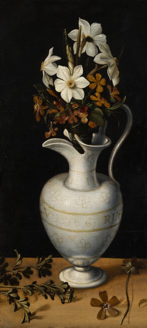 Ludger tom Ring II (1522-1584), Narcissen, maagdenpalm en viooltjes in een kan, ca.1562, paneel, 35 x 15,5 cm, Mauritshuis, Den Haag. In langdurig bruikleen van de Stichting Vrienden van het Mauritshuis.