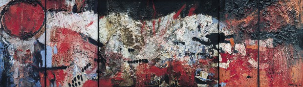 Jan Cremer, La Guerre Japonaise (vijfluik), gemengde technieken op doek, 1960, collectie Museum de Fundatie.