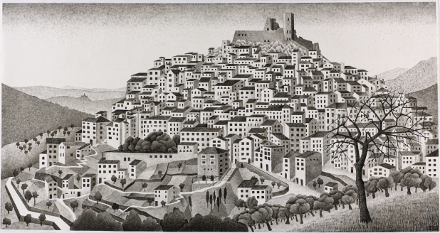 M.C. Escher,  Montecelio, maart 1924,  Oost-Indische inkt op papier, © The M.C. Escher Company BV,   Baarn.