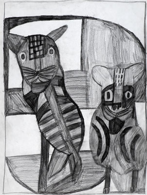 Katten uit 2014, van Derk Wessels (potlood op papier).