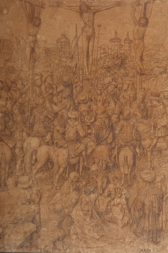 Jan van Eyck, atelier of navolger, Kruisiging, circa 1440-80. Goudstift, zilverstift, pen in zwarte inkt, doorgegriffeld, op grijs geprepareerd papier, 254 x 187 mm. Collectie Museum Boijmans Van Beuningen.