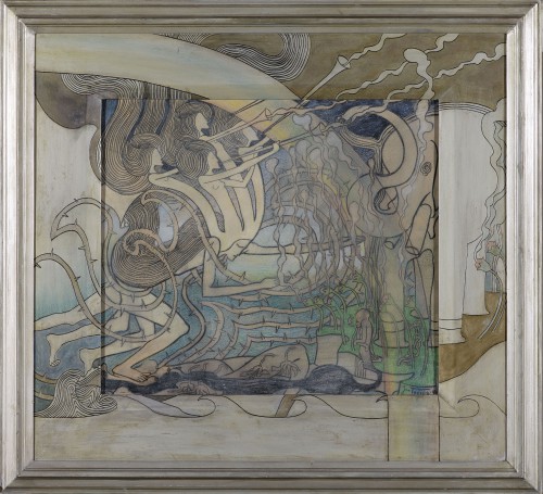 Jan Toorop, Lijnenspel, de komst van de nieuwe kunst, 1893, zwart en gekleurd krijt, kleurpotlood en pastel op papier, collectie Gemeentemuseum Den Haag.