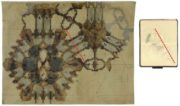 Werktekening voor de tapijtknopers toegeschreven aan Van der Meij en een praktische uitwerking van een detail hiervan uit het weefnotitieboekje van mevrouw Van der Meij, ca. 1914. Foto: Stadsarchief Amsterdam.