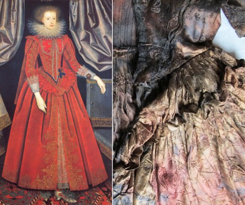 Rechts: de gevonden japon. Links: een schilderij van William Larkin met daarop een soortgelijke jurk.