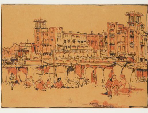 Dick Ket, Badstrand te Scheveningen, oost-indische inkt en krijt op papier, 1926, collectie Museum Arnhem.