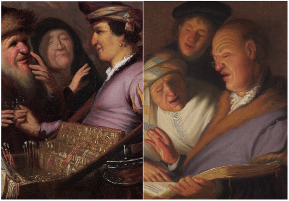 Links: De brillenverkoper (het zicht), ca. 1624, olieverf op paneel, Museum De Lakenhal, Leiden. Rechts: De drie zangers (het gehoor), ca. 1624, olieverf op paneel, The Leiden Collection, New York.